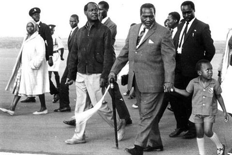 Both President Jomo Kenyatta and then Vice President Moi looking down on little uhurru
